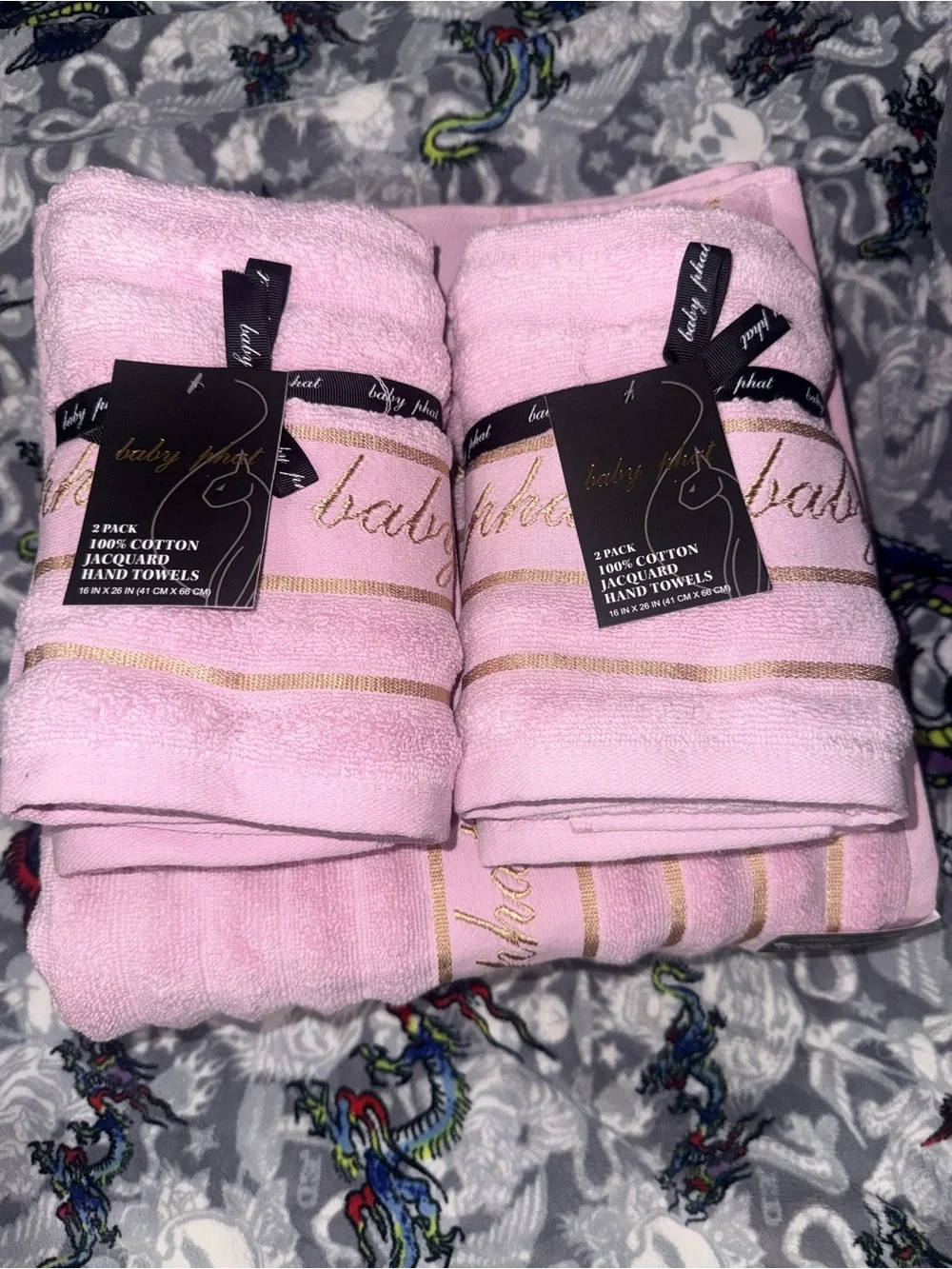 Baby Phat Pink and Gold Stripe Bath Towel Set